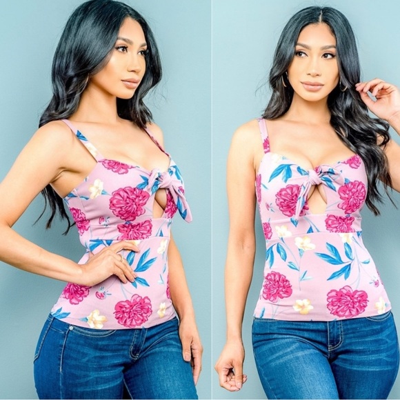 Pink Floral Front Tie Top - Picture 7 of 7